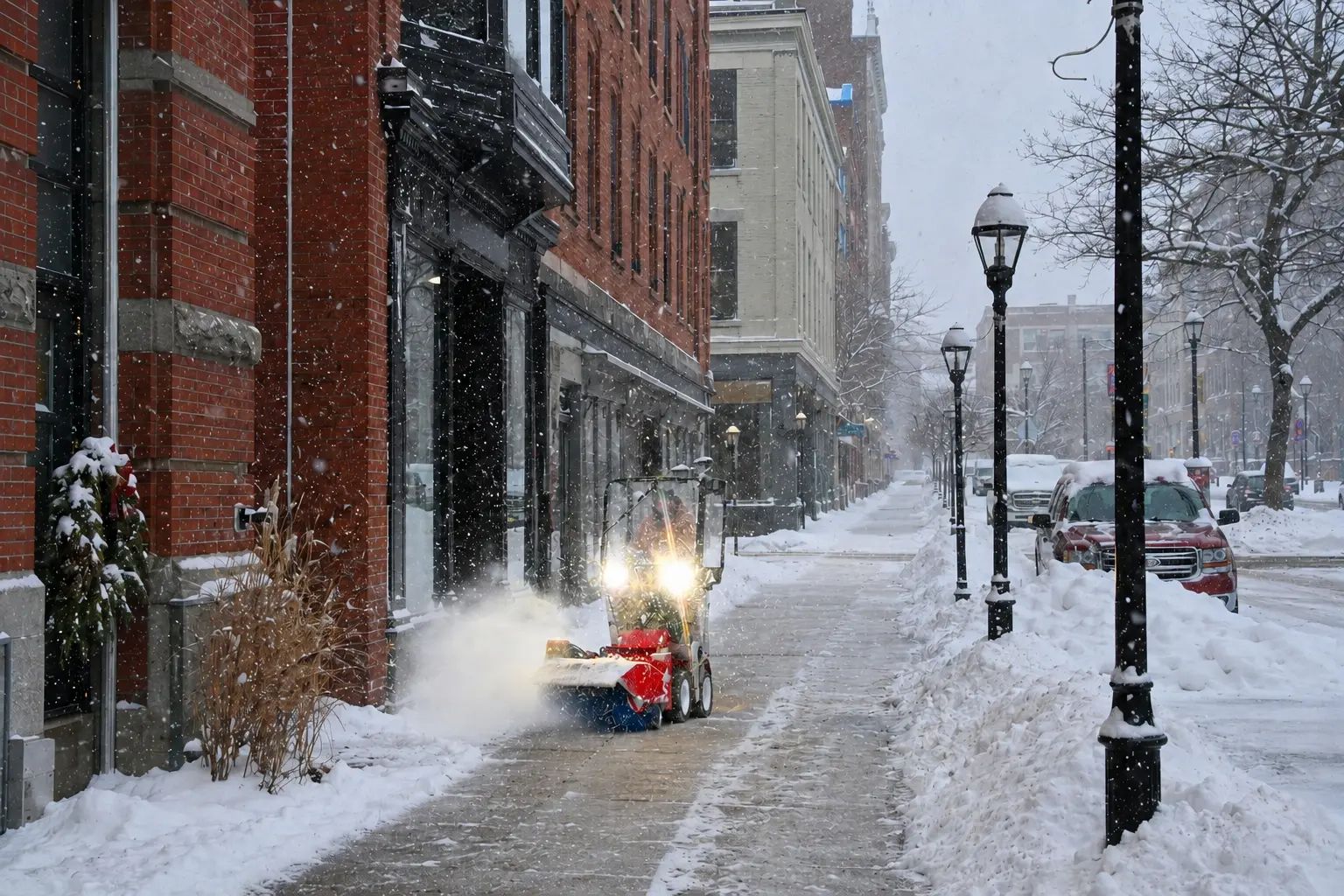 Worker in a high-visibility jacket running a walk-behind sidewalk snow machine to clear a commercial sidewalk in Southern Maine